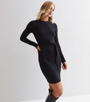 New Look Black Ribbed Jersey Long Sleeve Belted Mini Dress